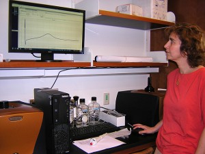 Dr. Olga Vinogradova observing the DSC graph on November 17, 2011. (/UConn Photo)