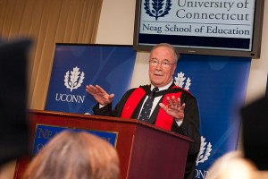 Peter J. Nicholls, provost and executive vice president for academic affairs, speaks during the ceremony. (Sean Flynn/UConn Photo)
