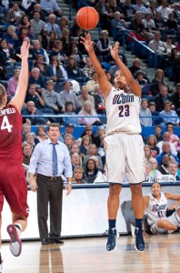 Kaleena Mosqueda-Lewis '15 (CLAS) shooting for two of her game high 25 points. (Steve Slade for UConn)
