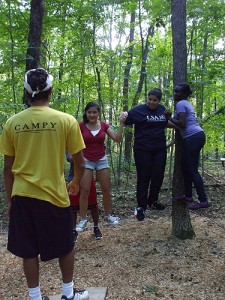 Amanda Baez in the navy T-shirt, a senior studying natural resources with a concentration in fisheries and wildlife, takes part in the leadership and trust-building workshop. She will travel to Costa Rica with other members of LSAMP this month. (LSAMP Photo)