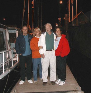 It's 3 a.m. and Fry and her family are getting ready for her 2003 solo Channel crossing. With Fry, far right, are her cousin Jeff, sister Peggy, and her dad. (Photo courtesy of Elizabeth Fry)