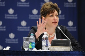 President Susan Herbst speaks on the proposed tuition increase during the Board of Trustees meeting at Rome Ballroom. (Peter Morenus/UConn Photo)