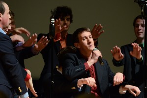 Jeff O'Brien '15, center, performs with A Completely Different Note at the Student Union Theater on Dec. 8. (Ariel Dowski '14 (CLAS)/UConn Photo)