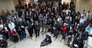 Reporters and photographers fill the academic lobby for Governor Malloy's announcement that the Jackson Laboratory deal with the state has been finalized on January 5, 2012. (Chris DeFrancesco/UConn Health Center Photo)