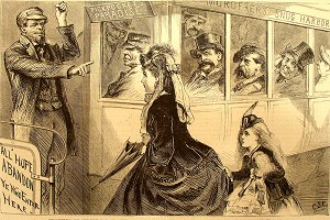 An engraving, captioned Beauties of Street-Car Travel in New York, alludes to an 1871 incident when a man was murdered trying to protect his mistress and her daughter on a streetcar. (Courtesy of Peter Baldwin)