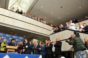 Health Center staff gather around for the bill signing. (Pete Morenus/UConn Photo)