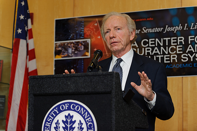 U.S. Sen. Joseph Lieberman visits the Information Technology Engineering Building on Feb. 23 to speak about the Cybersecurity Act of 2012. (Peter Morenus/UConn Photo)