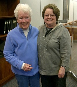 Mary Cullen Yuhas Anger (left) visited the Thomas J. Dodd Research Center with her niece, Kay Cullen, to look at the SNET records in the archives. (Laura Katz Smith/UConn Photo))
