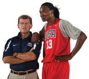 WASHINGTON -Geno Auriemma With Sylvia Fowles of the WNBA Chicago Sky, during a training session. (Photo by Ned Dishman/NBAE via Getty Images)