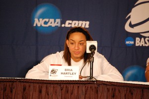 Sophomore guard Bria Hartley '14 (CLAS) answers questions during the media session. (Ken Best/UConn Photo)