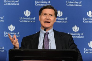 Daniel Esty, commissioner, state Department of Energy &amp; Environmental Protection, called for attention to both mitigation and adaptation when dealing with climate change. (Peter Morenus/UConn Photo)