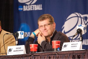 Head women's basketball coach Geno Auriemma listens to a question during Sunday's NCAA Tournament media session at Webster Bank Arena in Bridgeport. (Ken Best/UConn Photo)