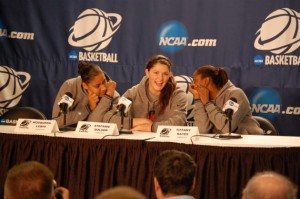 Husky student-athletes answering questions during the press conference for the Sweet 16 round of the NCAA Tournament on Saturday at the Ryan Center on the campus of the University of Rhode Island. From left, Kaleena Mosqueda-Lewis '15 (CLAS), Stefanie Dolson '14 (CLAS) and Tiffany Hayes '12 (CLAS). (Ken Best/UConn Photo)