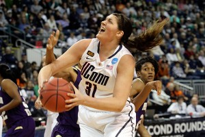 Sophomore center Stefanie Dolson '14 (CLAS) goes up for a shot during the Huskies 83-47 win against Prairie View A&M in the first round of the NCAA Tournament on Saturday at Webster Bank Arena in Bridgeport, Conn. (Bob Stowell '70 (CLAS) for UConn)