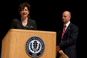 President Susan Herbst introduces State Rep. Gregg Haddad at the Student Veterans Oasis grand opening celebration held at the Student Union Theater on March 21, 2012. (Peter Morenus/UConn Photo)