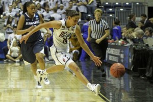Sophomore Bria Hartley '14 (CLAS) runs down a ball after a steal during the Huskies' NCAA Tournament win over Penn State in the Sweet Sixteen. (Bob Stowell/UConn Photo)
