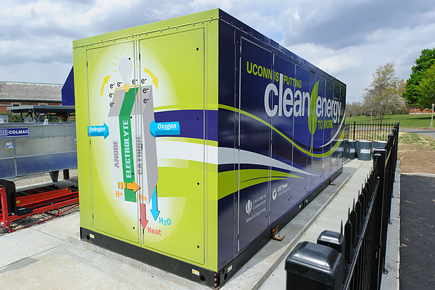 The natural gas fuel cell outside the Center for Clean Energy Engineering will also support UConn's microgrid. (Peter Morenus/UConn Photo)