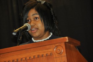 Natalia Warburton, a 7th grader from Wish Elementary, last year's recipient of the Maggie Bookman Award for outstanding reader, talks about the importance of reading and her goal to be a teacher. (Shawn Kornegay/UConn Photo)