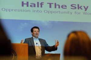 Nicholas Kristof, a New York Times columnist and co-author of Half the Sky speaks at the first annual UConn Reads Author Event at the Student Union Theater on April 19, 2012. (Peter Morenus/UConn Photo)