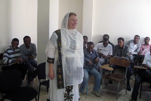 Carol Atkinson-Palombo wears a traditional Ethiopian dress given to her by her students at the new Ethiopian Institute for Water Resources. (Photo courtesy of Carol Atkinson-Palombo)