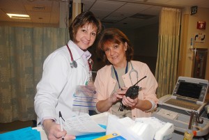 Sharon Levesque (left) and Kathy Williams are Emergency Department Nurses. Williams is a 2012 Nightingale Award winner; Levesque won a Nightingale Award in 2009. (Janine Gelineau/UConn Health Center Photo)
