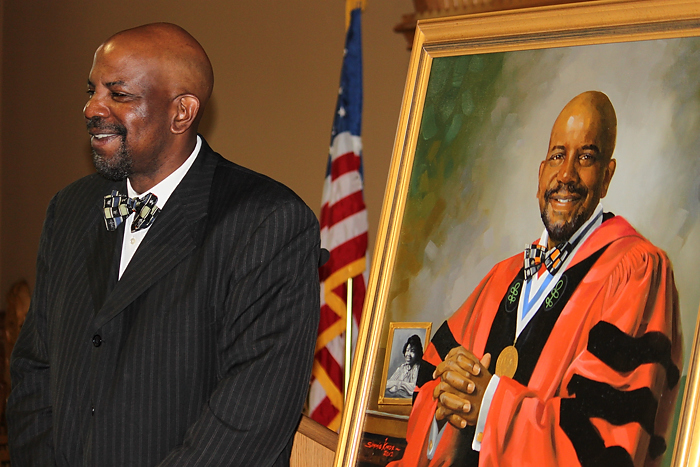Dr. Cato T. Laurencin's official portrait was unveiled during a reception held at the State Capitol on May 9. (Sarah Turker/UConn Health Center Photo)