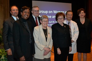 (Left to right) Health Center Board of Directors Chairman Sanford Cloud Jr., GWIMS Chair Dr. Marja Hurley, former UConn President Phil Austin, Dr. Martha Lepow, Dr. Naomi Rothfield, Dr. Bruce Liang, and UConn President Susan Herbst. (Tina Encarnacion/UConn Health Center Photo)