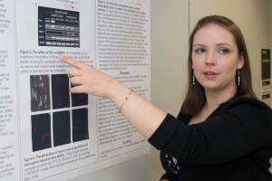 Erin Boisvert, Ph.D. student, Department of Genetics and Developmental Biology, won first place in the Graduate Student Research Day poster contest. (Tina Encarnacion/UConn Health Center Photo)