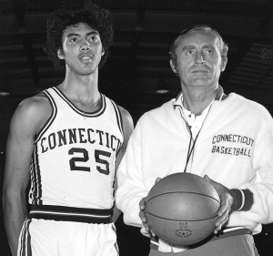 UConn Men's Basketball Coach Donald "Dee" Rowe poses with Husky basketball star Tony Hanson, one of the program's first great four-year players.
