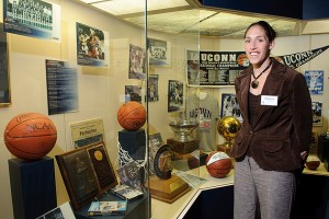 Rebecca Lobo visits the J. Robert Donnelly Husky Heritage Sports Museum at UConn. (Peter Morenus/UConn Photo)