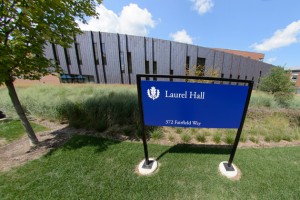 A fisheye lens view of the sign for Laurel Hall. (Peter Morenus/UConn Photo)