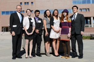 Robert Holster '68 (CLAS), at left, shown with Holster Scholars Julianne Norton, Lior Trestman, Xiao Li, Kaila Manka, Kaitrin Acuna, and Xu Zheng. (Peter Morenus/UConn Photo)