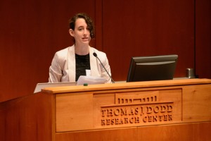 Julianne Norton gives her Holster First Year Projects presentation at Konover Auditorium on Sept. 20, 2012. (Peter Morenus/UConn Photo)