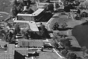 Arjona and Monteith Buildings, center, were constructed in 1959 during the presidency of Albert Jorgensen. (Photo from Archives &amp; Special Collections, Dodd Research Center, University Libraries)