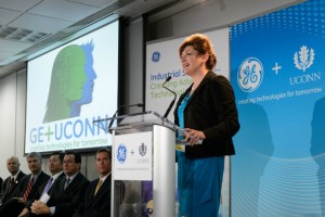 President Susan Herbst spoke of the commitment to research and scholarship inherent in the UConn/General Electric collaboration. (Peter Morenus/UConn Photo)