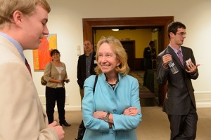 Doris Kearns Goodwin speaks with Kyle Constable '16 (CLAS), left at the Jorgensen Gallery on Oct. 18, 2012. (Peter Morenus/UConn Photo)