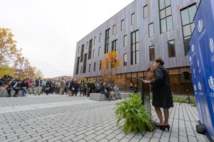 President Susan Herbst speaks during the dedication ceremony of Oak Hall on Oct. 24, 2012. (Peter Morenus/UConn Photo)