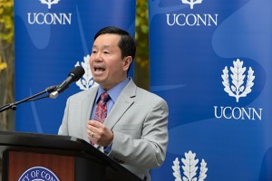 Interim provost Mun Choi spoke about the research opportunities available in the new classroom building. (Peter Morenus/UConn Photo)