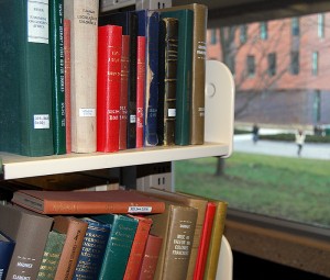 Shelves of books in Homer Babbidge Library. (Courtesy of University of Connecticut Libraries)