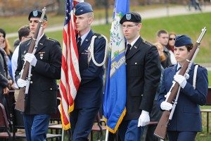 Members of the honor guard presented the American flag and the State of Connecticut  flag during Veterans Day ceremonies. (Max Sinton '15 (CLAS)/UConn Photo)