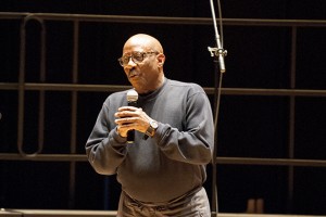 Music department head Dr. Robert Stephens speaks at the Voices of Freedom Reunion at von der Mehden Recital Hall on April 14, 2012. (Ariel Dowski/UConn Photo)