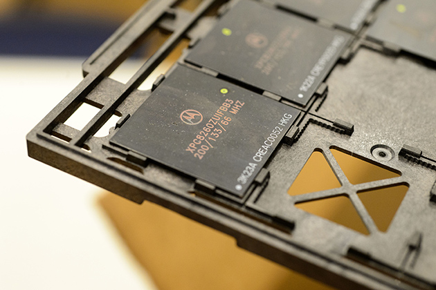 A counterfeit microprocessor. (Peter Morenus/UConn Photo)