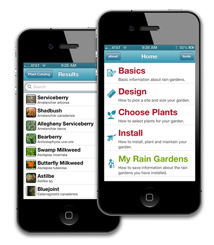 Rain garden app - screen shots on an iPhone.