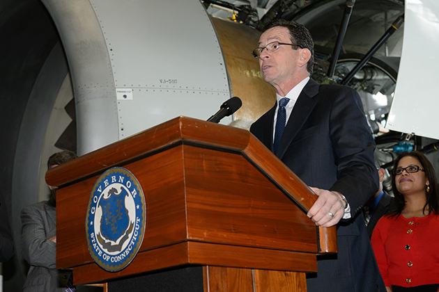 Governor Dannel P. Malloy speaks at the launch of the Next Generation Connecticut initiative at a press conference at Pratt & Whitney in East Hartford on Jan. 31, 2013. (Peter Morenus/UConn Photo)