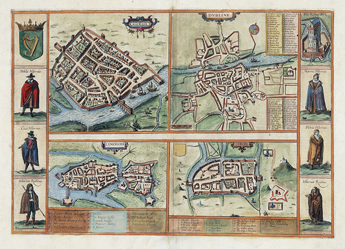 Map showing Ireland's major cities of Galway, Cork, Dublin, and Limerick. Civitates Orbis Terrarum, Cologne: Anton Hierat & Abraham Hogenberg, 1618? (Courtesy of the Folger Shakespeare Library)
