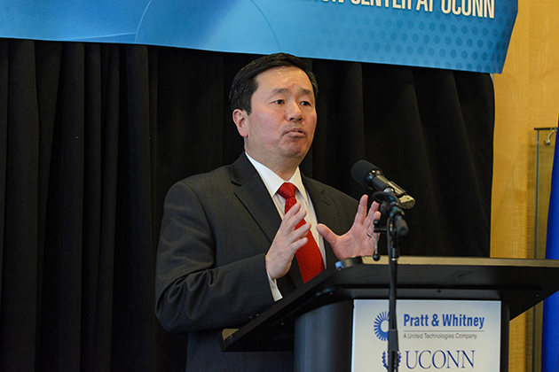 Provost Mun Choi speaks at the Pratt &amp; Whitney and UConn Additive Manufacturing event. As a teaching and research center, the new facility will assume a pivotal place in UConn’s new Technology Park scheduled to open in 2015. (Ariel Dowski '14 (CLAS)/UConn Photo)