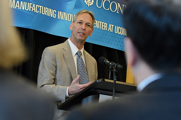 Paul Adams, chief operating officer of Pratt &amp; Whitney, speaks at an event on campus on April 5. The company has already invested $4.5 million in the new Pratt &amp; Whitney Additive Manufacturing Innovation Center at UConn. (Ariel Dowski '14 (CLAS)/UConn Photo)