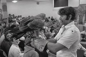 Falconer Bill Robinson at Children's Lit Class (Photo courtesy of Francelia Butler Papers, University Archives & Special Collections)