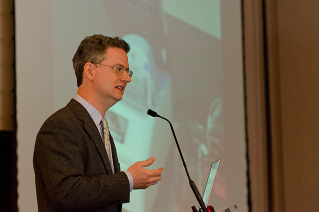 Gaël McGill speaks at the Digital Media Symposium held in the Rome Ballroom on April 4, 2013. (Ariel Dowski/UConn Photo)