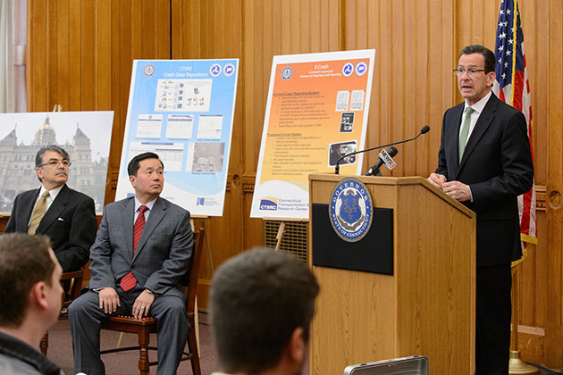 Gov. Dannel P. Malloy speaks at a press conference held at the state capitol on April 29 to announce formation of the Connecticut Transportation Safety Research Center at UConn. (Peter Morenus/UConn Photo)